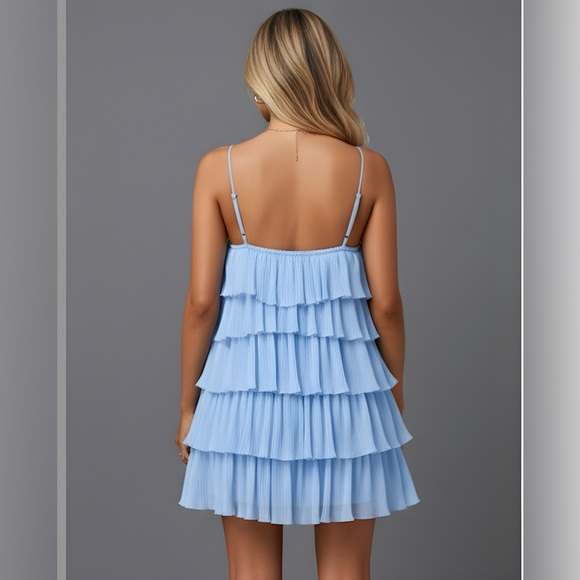 Boho Ruffle Tiered Mini Dress Blue - Picture 4 of 9